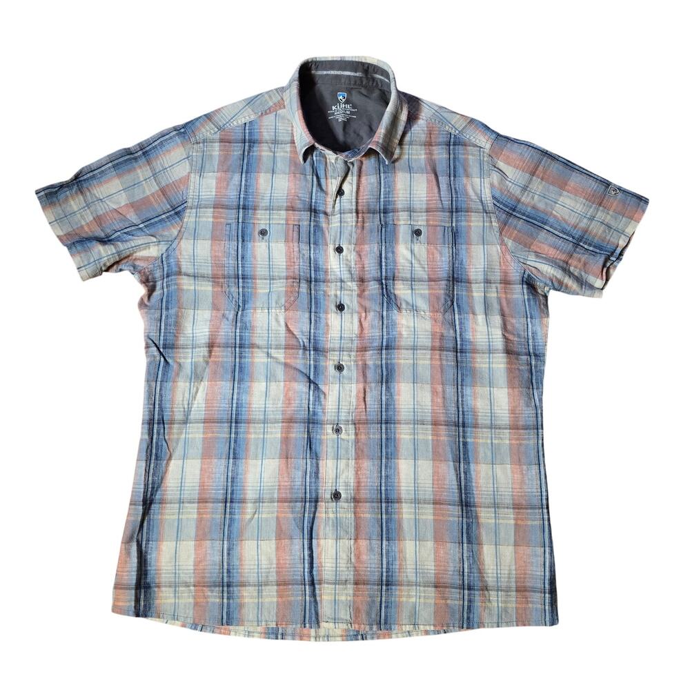 Kuhl Men's Short Sleeve Button Down Shirt Tan Plaid Linen Blend, Size Medium